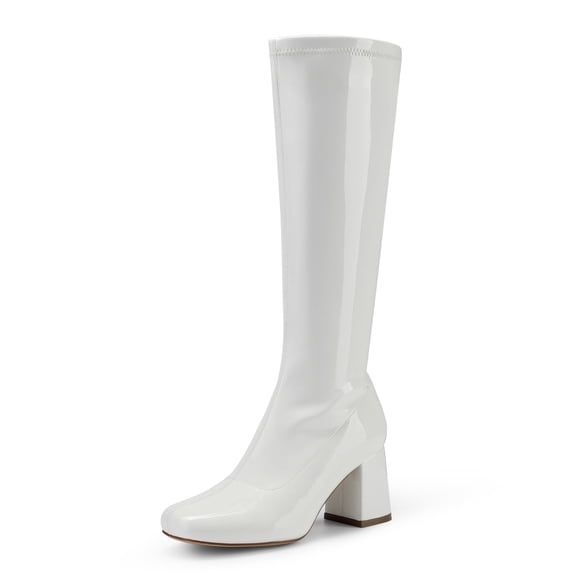 BURUDANI Women Square-Toe Chunky Knee-High Gogo Boots Wide-Calf Fit