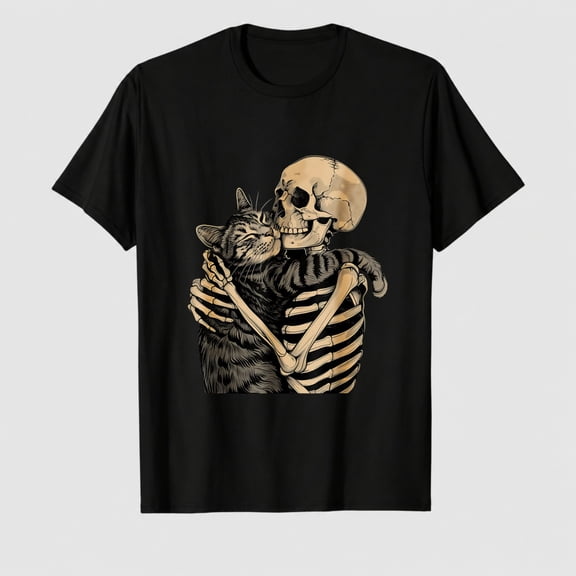 Skeleton Hugging Cat Halloween Cat Lover Cat Mom Dad T-Shirt