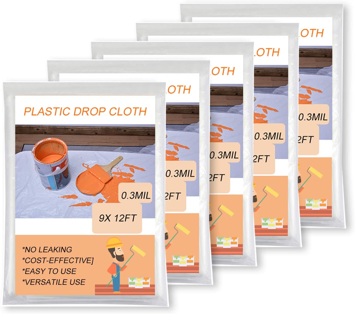 OIYEEFO Clear Plastic Sheeting Drop Cloths for Painting 5 Pcs 9x12ft