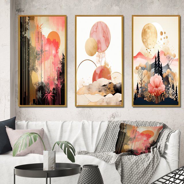 Designart "Pastel and Gold Boho Chic Serenity II" Modern Geometric Framed Wall Art Set Of 3 - Pink Abstract Frame Gallery Wall Set For Home Decor