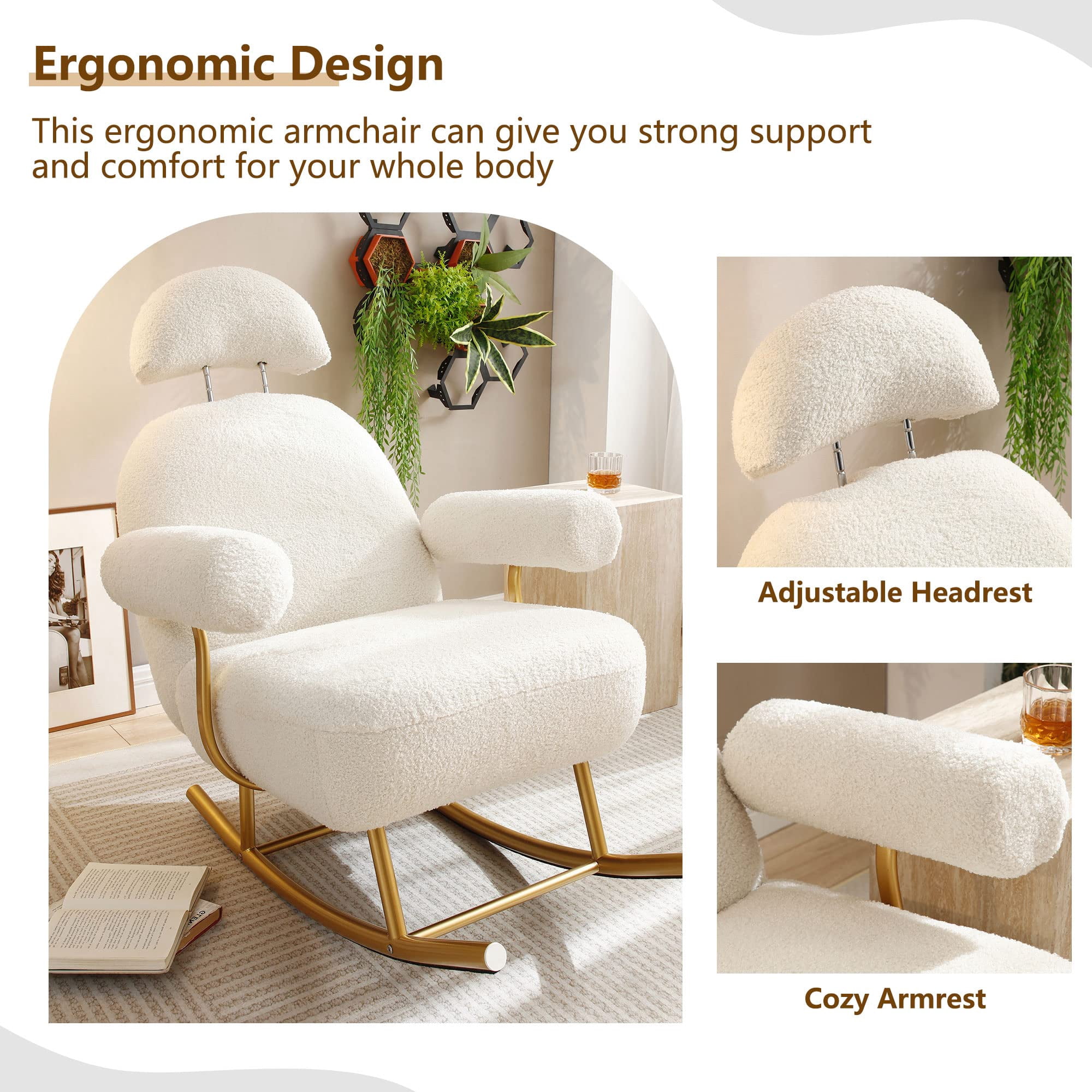 Aukfa Nursery Rocking Chair, Accent Upholstered Rocker Glider Chair for Living Room Bedroom, Beige