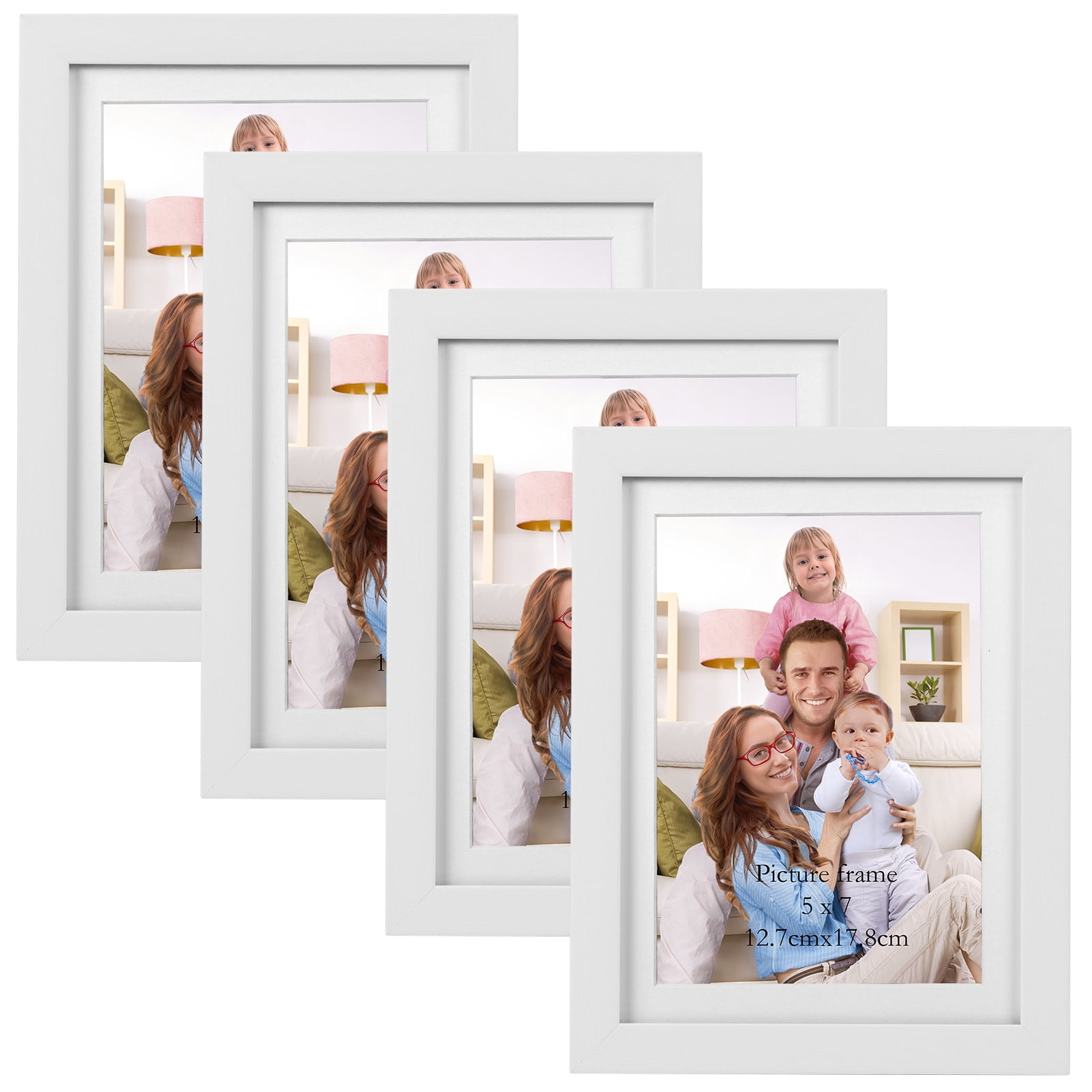 5x7 Picture Frame Set of 4, White Photo Frames 5 by 7 with Mat for Tabletop Display and Wall