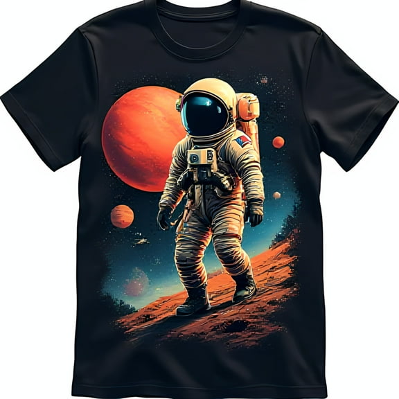 Black T-Shirt with Walking on Red Planet Space Graphic Tee