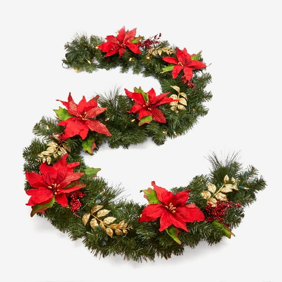 BrylaneHome 6' Pre-Lit Poinsettia Garland