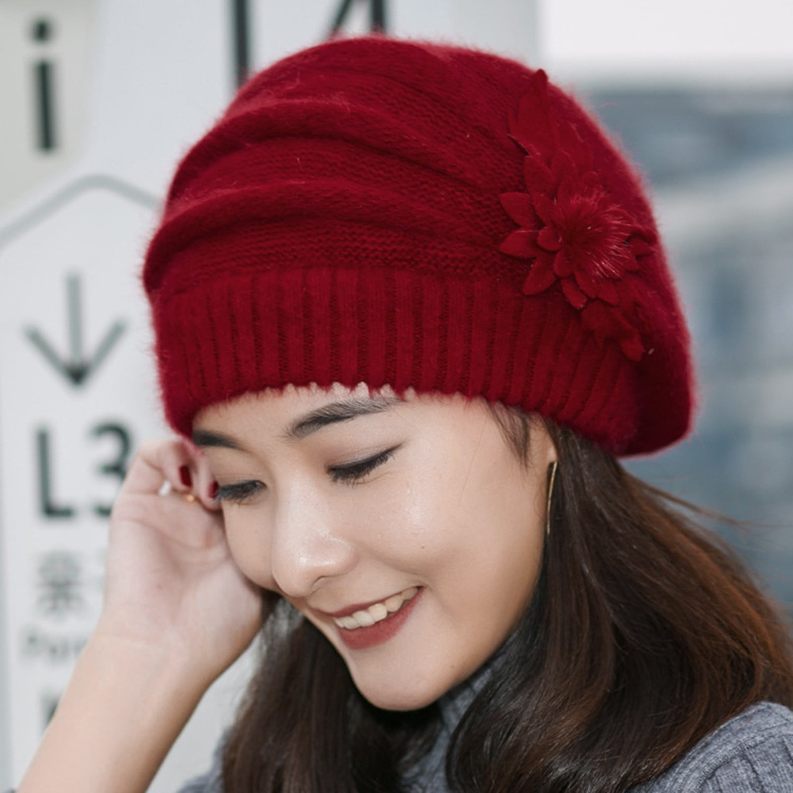帽子 SIDE STRAP FLOWER KNIT CAP AWZXDE Womens Fashion Elegant Cute Side Flower Design Solid Color