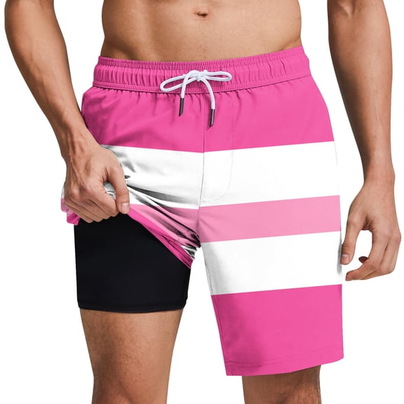 JUUYY Mens Swim Trunks with Compression Liner 2 in 1 Quick Dry Beach Shorts Elastic Waist Drawstring Casual Swim Shorts with Pockets Hot Pink L
