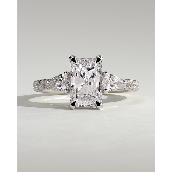 CAPRICARATS 3.00Ct Radiant Cut Moissanite Trilogy Engagement Ring, Pave Band, 10K White Gold