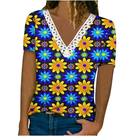 Women Bohemian Short Sleeve Lace Trim V Neck Floral Print T Shirt Babydoll Shirt Blouse Tunic Top
