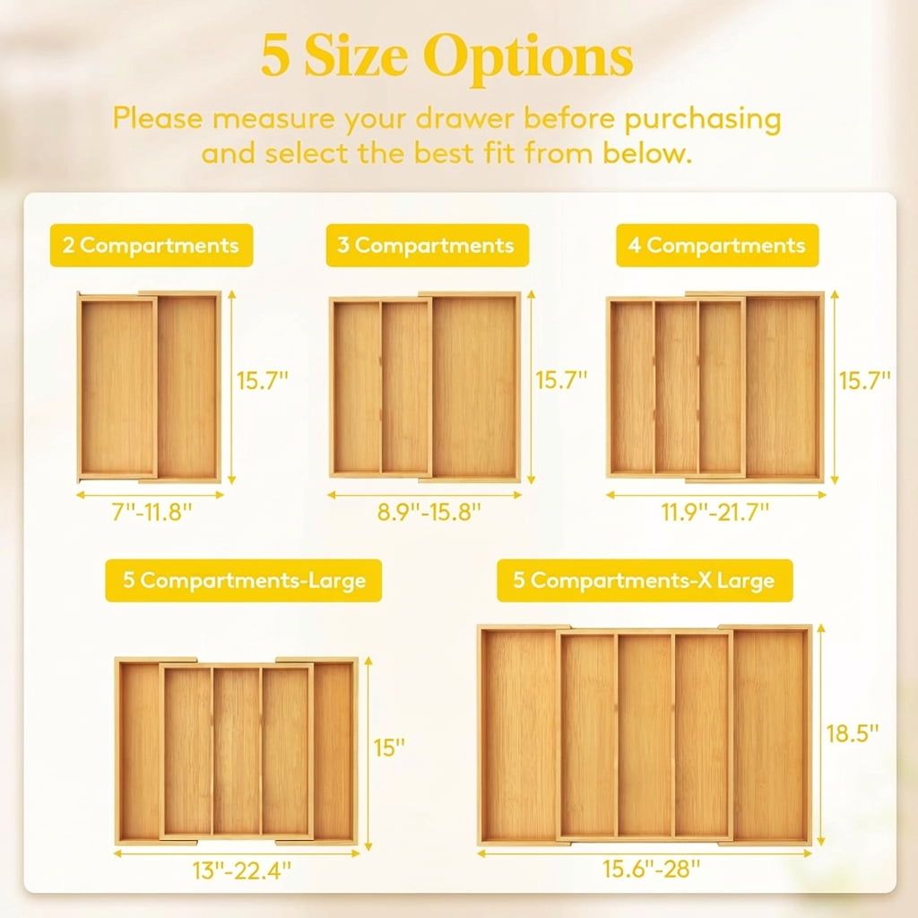 Norcho Expandable Bamboo Utensil Organizer Tray, Adjustable Cutlery and Flatware Holder for Kitchen Drawer, 11.9–21.7 x 15.75"