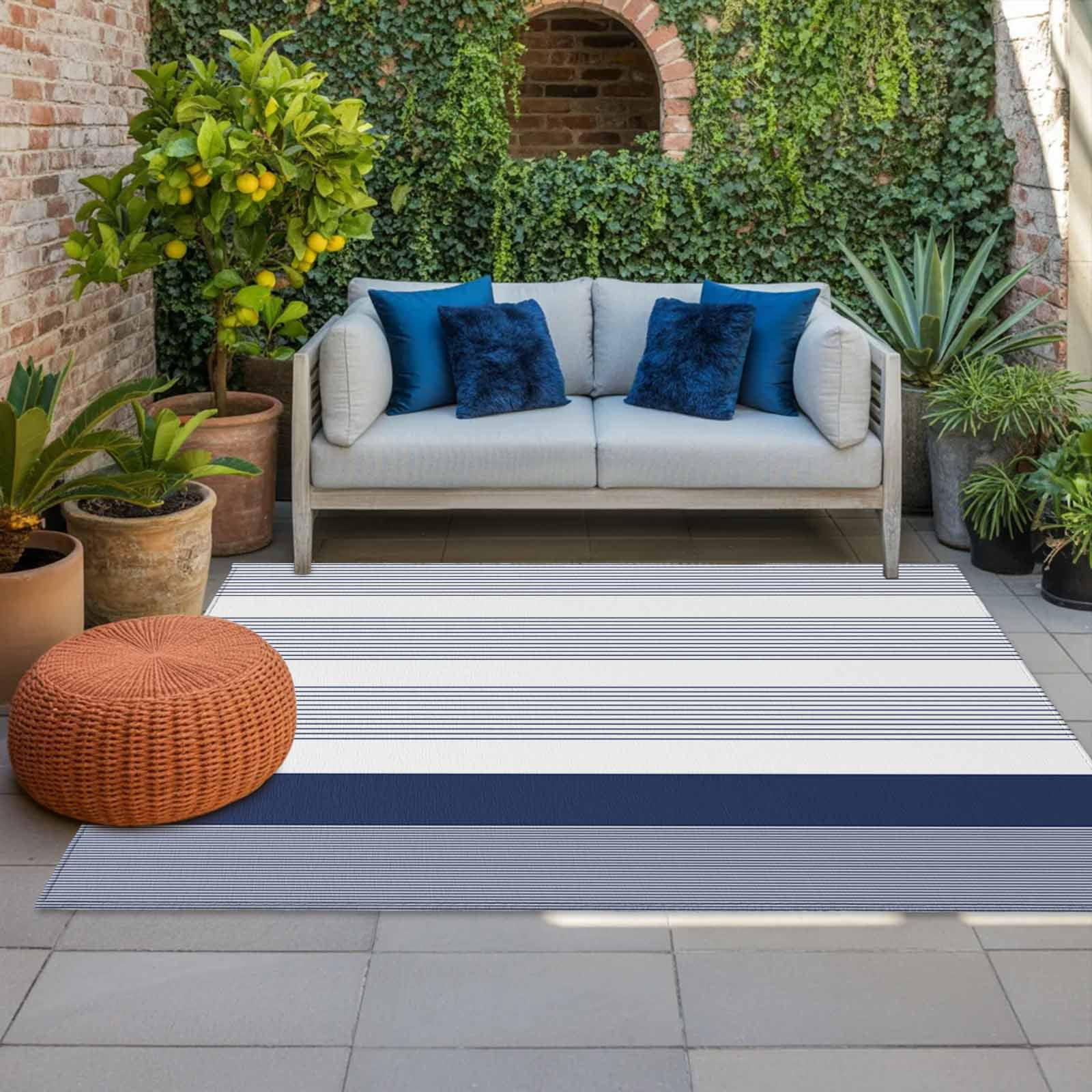 3' x 5' Outdoor Rug, Navy Blue Stripe Outdoor Washable Rug Large Floor Carpet, Modern Rustic Horizontal Blue Striped Non Shedding Area Rug for Outside Patio RV Porch Deck Balcony Camping Living Room