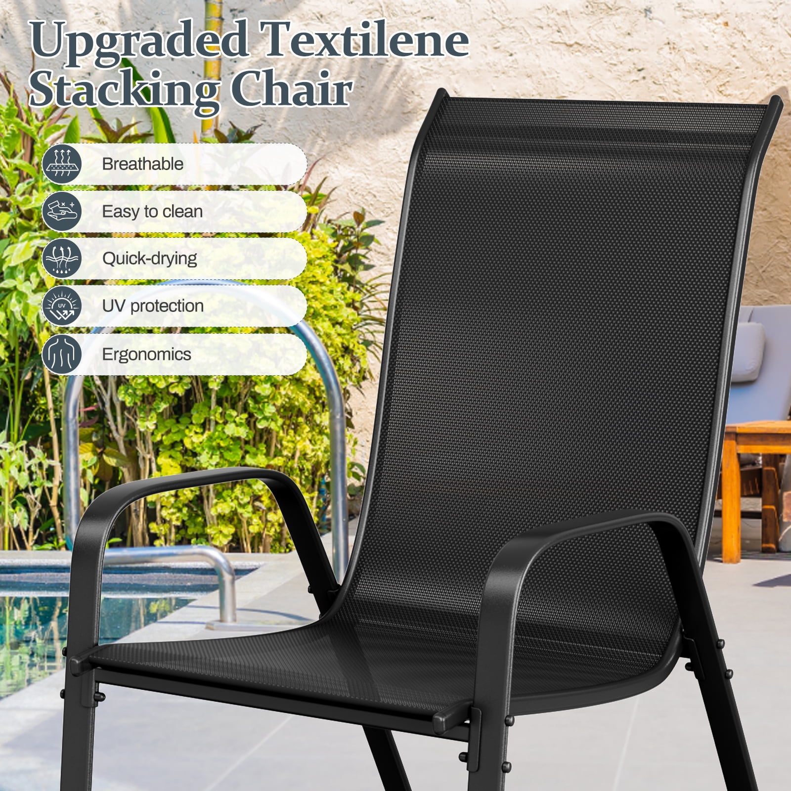 Pirecart Patio Dining set, Outdoor Furniture Set of 7 with Widened Table and Umbrella Hole, All Weather Patio Dinng Set for Garden, Backyard, Poolside, Black