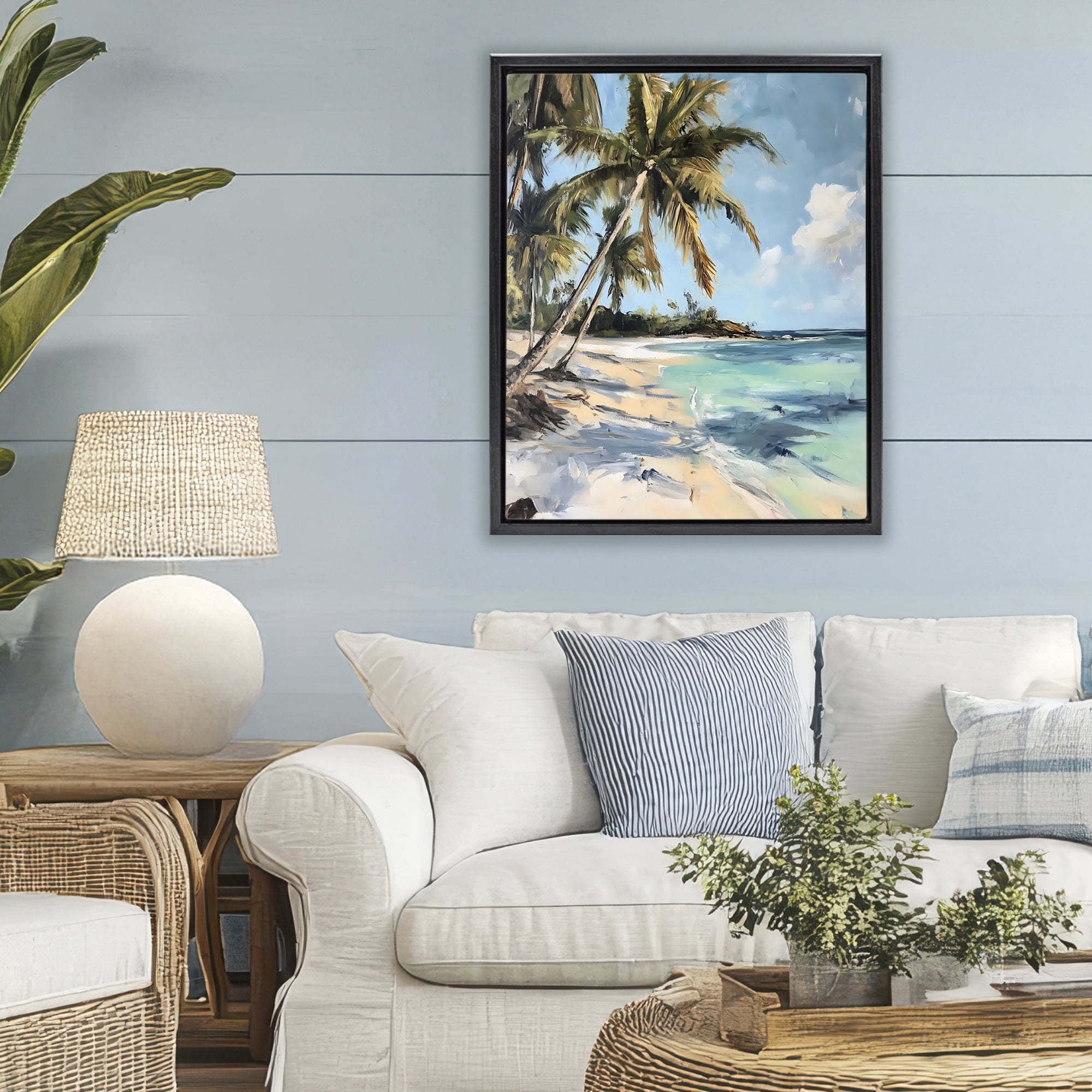Stupell Industries Tropical Coastline Palm Frond Shadows Black Framed Floater Canvas Wall Art, design by Franklyn Gregory