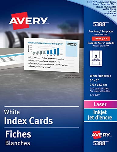 3-Inch x5-Inch Avery 5388 Laser/Inkjet Index Cards 150/BX White Perforated
