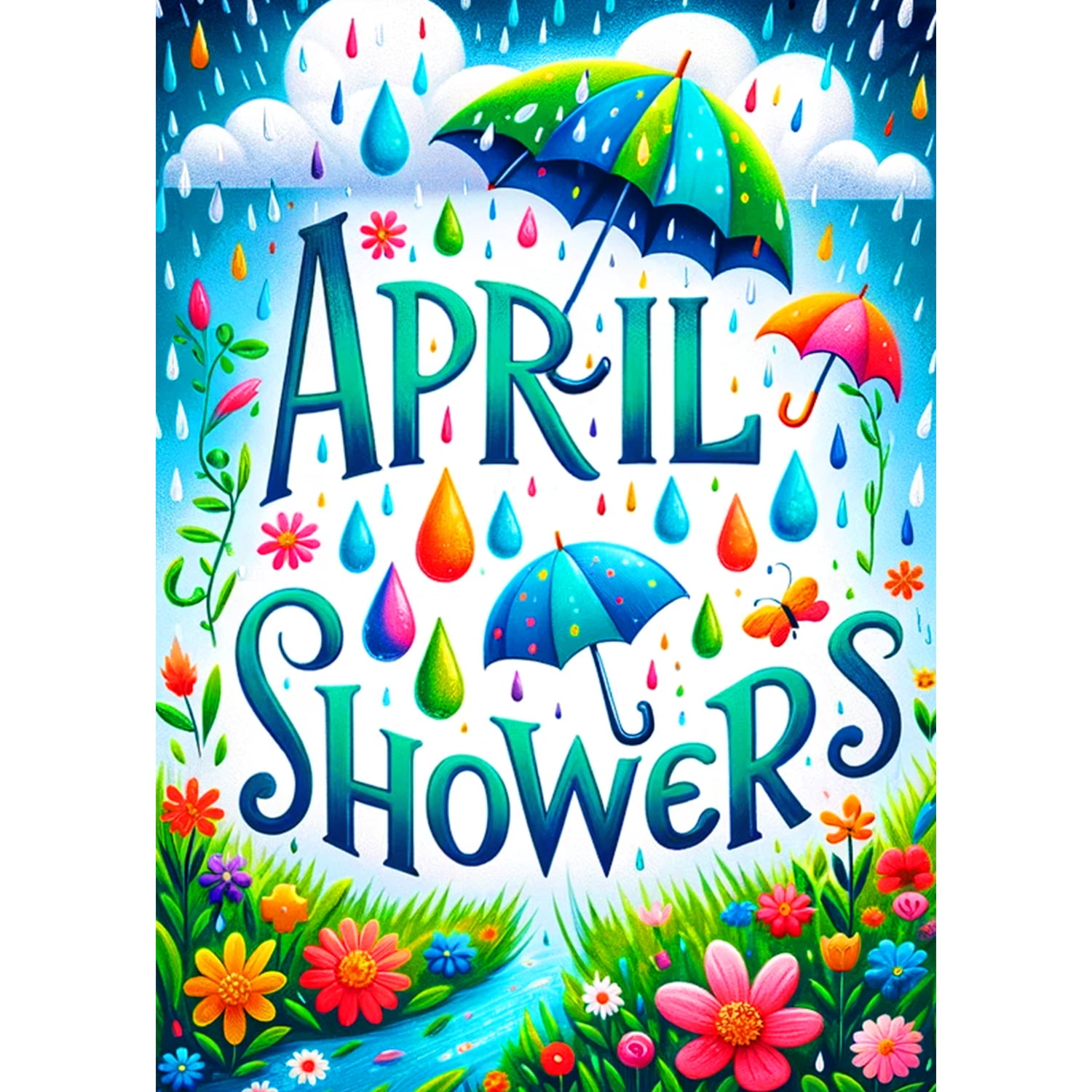 America Forever April Showers House Flag, 28 x 40 inch Double Sided, April Showers Spring Rain Umbrella Flower Colorful Raindrops Spring Garden Outdoor Yard Decor