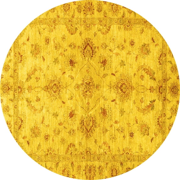 Ahgly Company Machine Washable Indoor Round Oriental Yellow Traditional Area Rugs, 6' Round