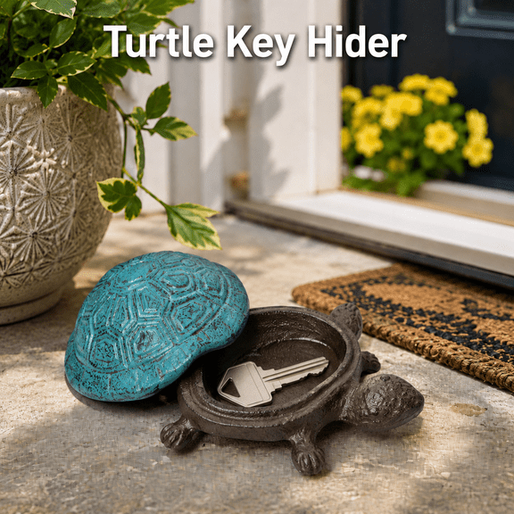 MORAVE Antique Blue Cast Iron Turtle Key Hider, Outdoor Hidden Key Holder, Garden Yard Patio Decor