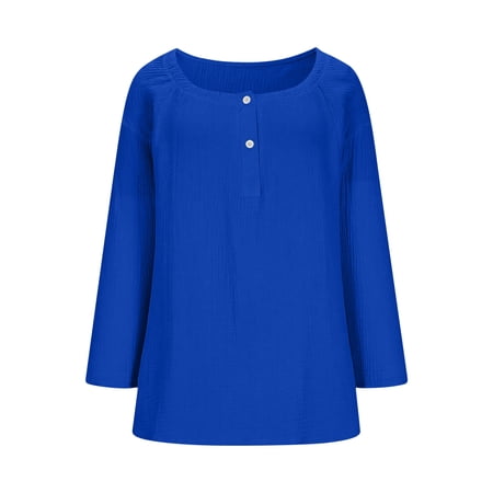 Long Sleeve Shirts for Women Womens Cotton Tops Long Sleeve T Shirts Button Crew Neck Tops Loose Fit Going Out Fashion Clothes Solid Color Shirts