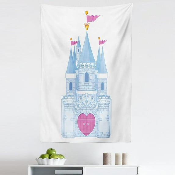 Castle Tapestry, Fantasy Romantic Tale Land Cartoon Castle Illustration, Fabric Wall Hanging Decor for Bedroom Living Room Dorm, 5 Sizes, Pink Pale Sky Blue, by Ambesonne