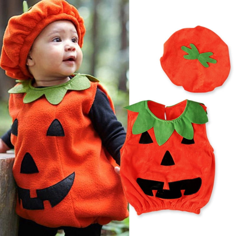 Oyolan Baby Girls Boys Halloween Costume Pumpkin Romper Jumpsuit with Headband Suspender Skirt Set Toddler Halloween Outfits 