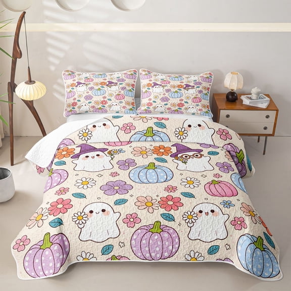 Manfei Funny Ghosts Flowers Twin Quilt Set,Happy Halloween Twin Coverlet Set,Pink,2pcs