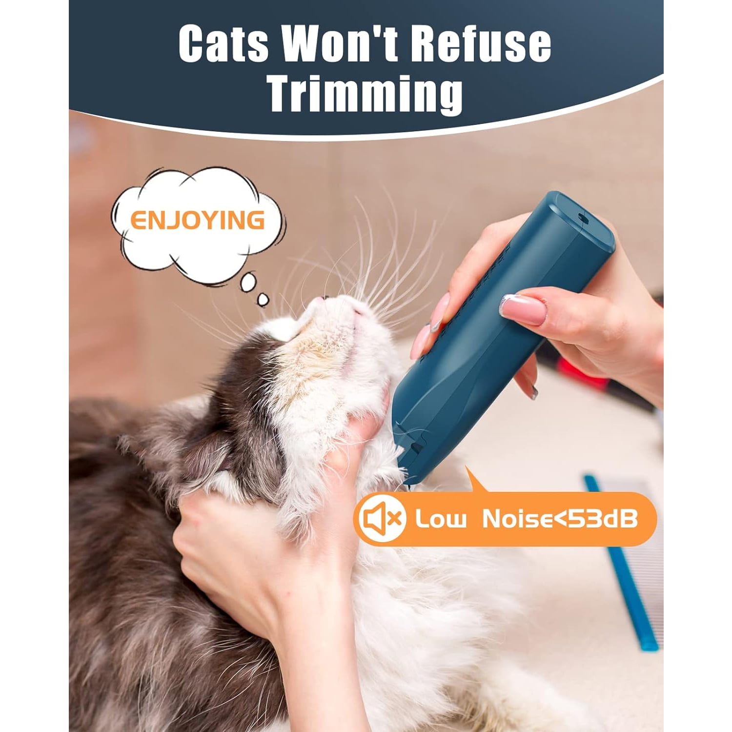 Oneisall LGL006 Cat Grooming Clippers, Cordless Quiet Cat Clippers for Cat Matted Hair, IPX7 Waterproof Small Pet Hair Clippers with 2 Guide Combs & Storage Bag, Pet Shaver for Grooming - Navy Blue