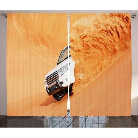 Desert Curtains 2 Panels Set, Suv Truck Pick Up Big Car with Huge Wheels Driving through the Sand Hills Print, Window Drapes for Living Room Bedroom, 108W X 108L Inches, White Yellow, by