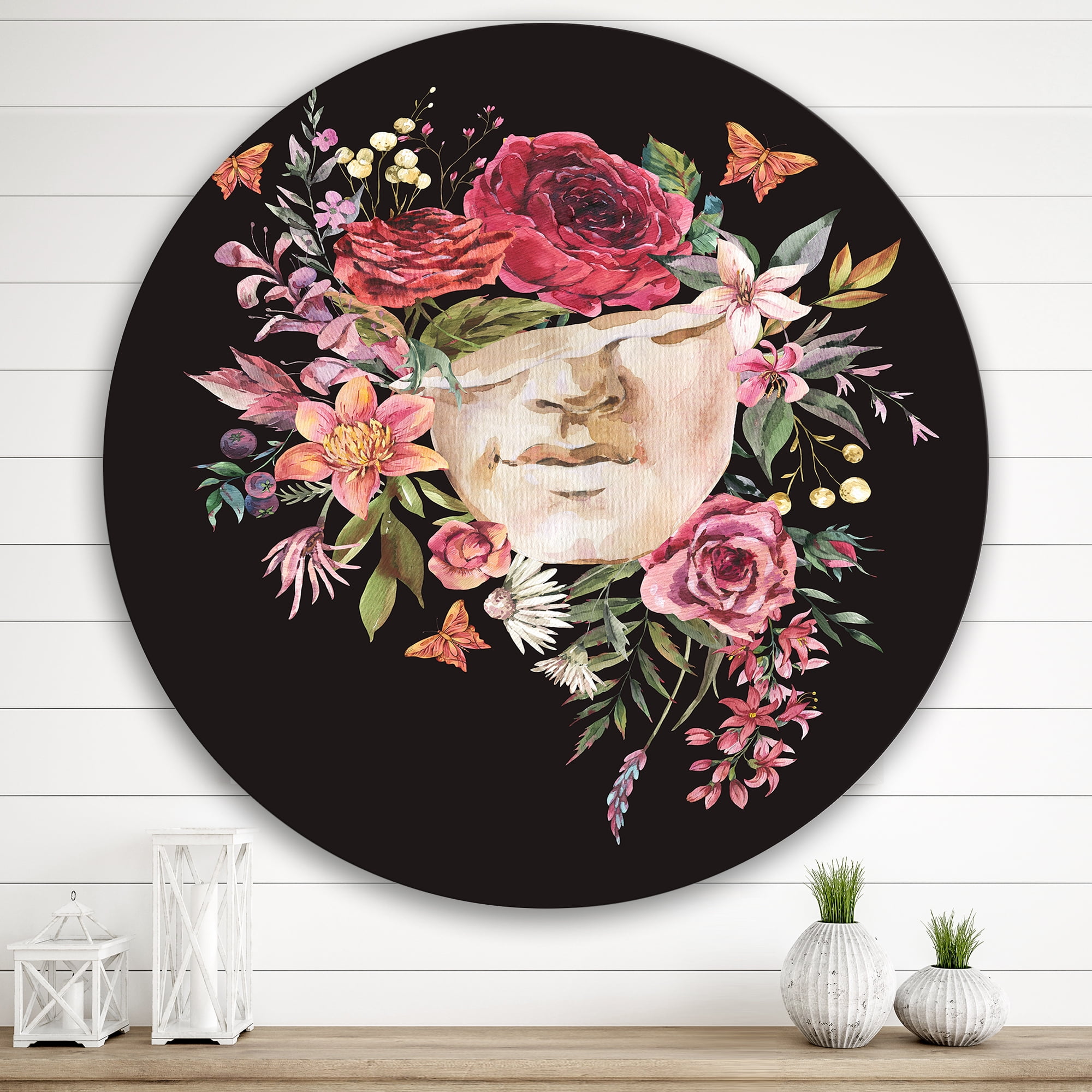 Designart 'Ancient Greek Sculpture Detail With Dry Flowers' Traditional Circle Metal Wall Art 29x29 - Disc of 29