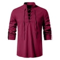 thumbnail image 6 of IAJDKMEK Men's Long Sleeve Henley Shirts - Retro Lace-Up Pullover Tee for Men with V-Neck and Breathable Linen Blend for Renaissance Costume Wear,Wine S, 6 of 8