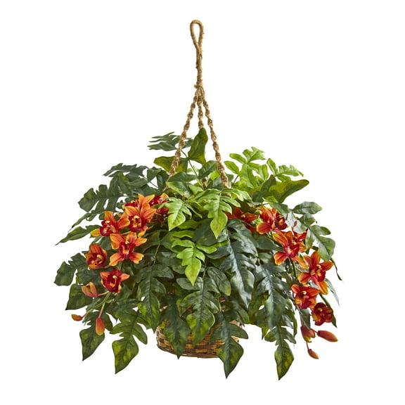 Nearly Natural Red Cymbidium Orchid & Fern Artificial Floral Arrangement in Hanging Basket