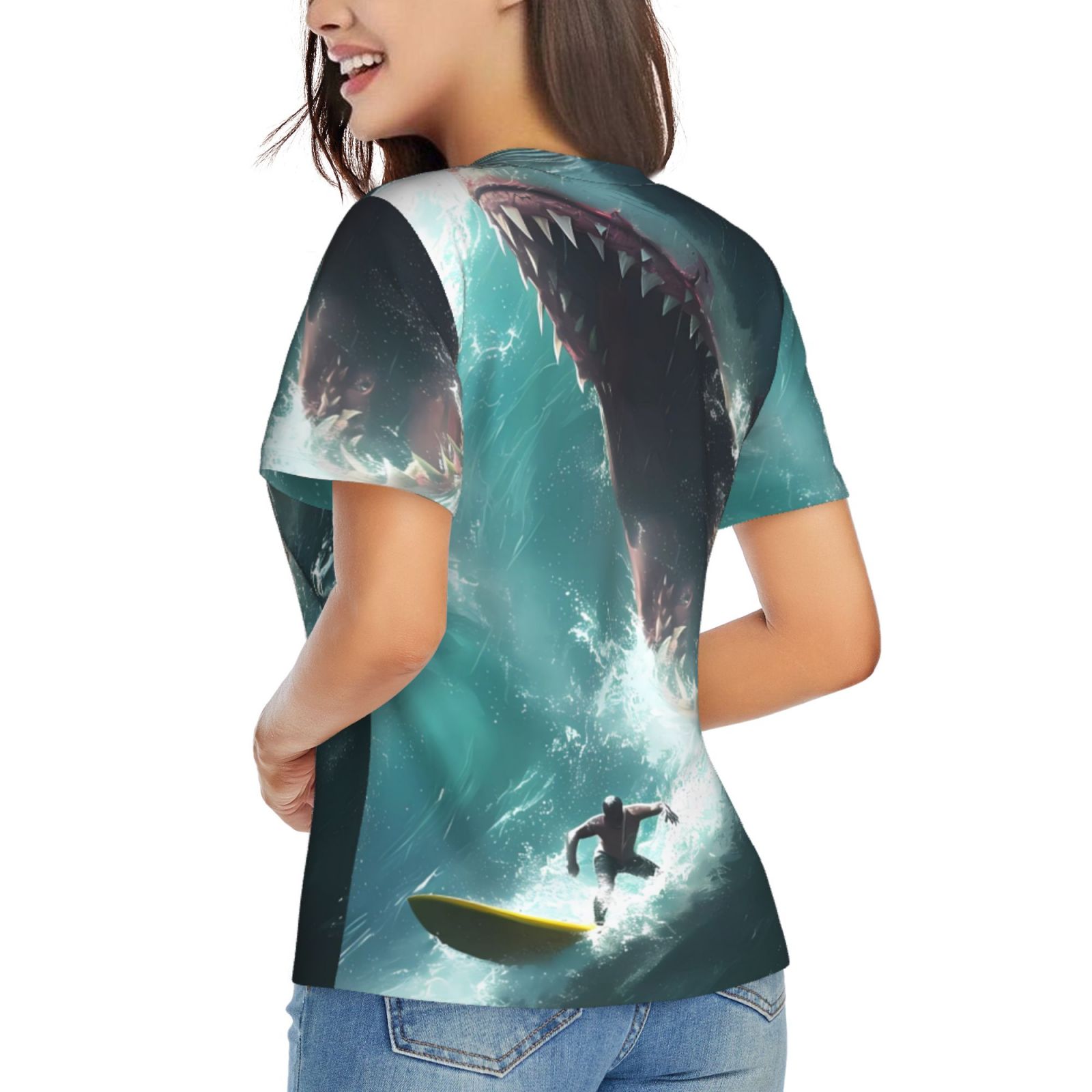 Vsdgher Surfing Shark Women Shirts V Neck Short Sleeve Tops T-Shirt Basic Tees, S to 3XLMedium