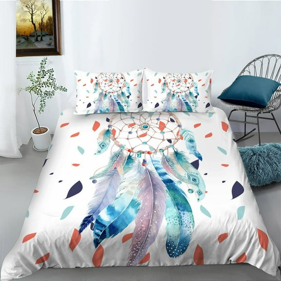 Dreamcatcher Duvet Cover Set Boho Mandala Bedding Set white and colored feathers Dream Catcher Soft Polyester Bedspread Cover King Size