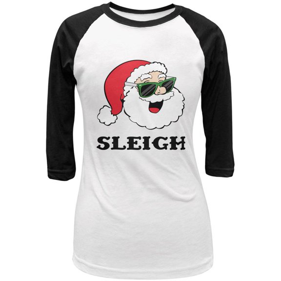 Christmas Santa Sunglasses Sleigh Slay Juniors 3/4 Sleeve Raglan T Shirt White-Black LG