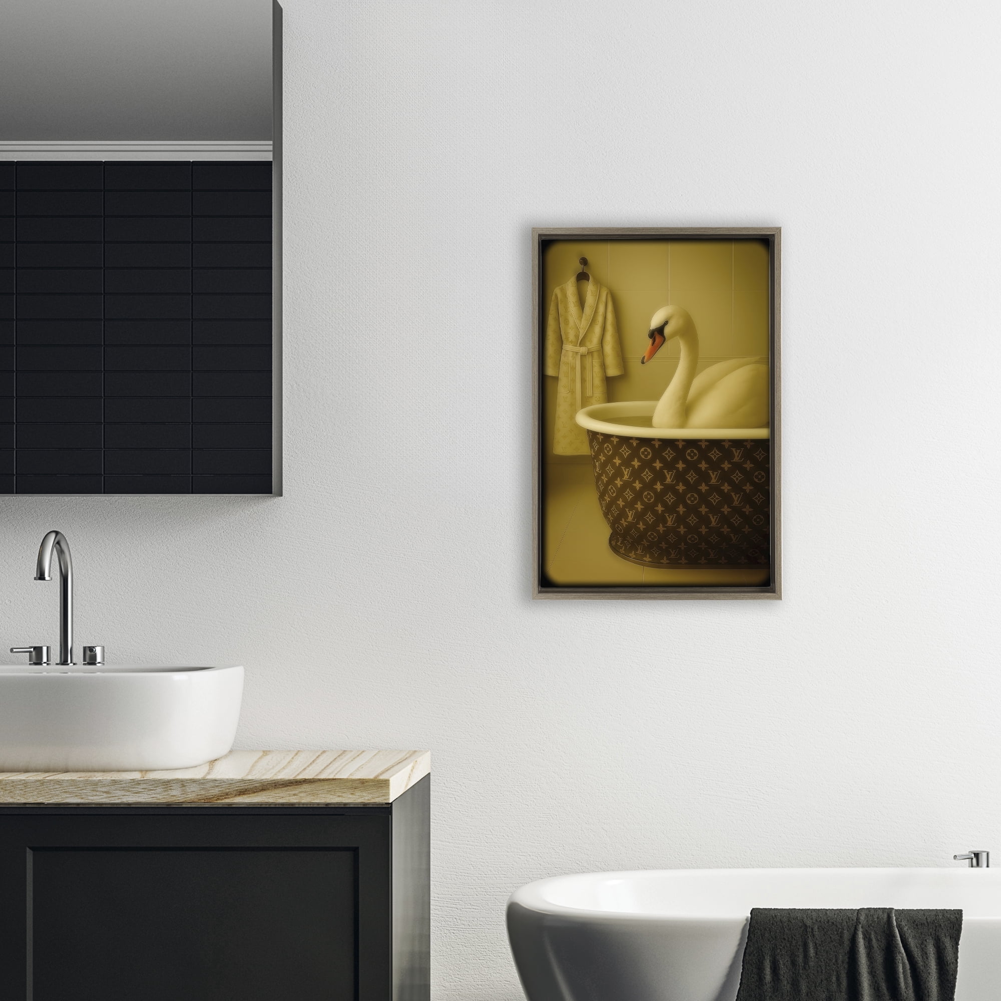 Stupell Industries Couture Swan in Luxury Tub Brown Framed Floater Canvas Wall Art, design by Grotto Studios