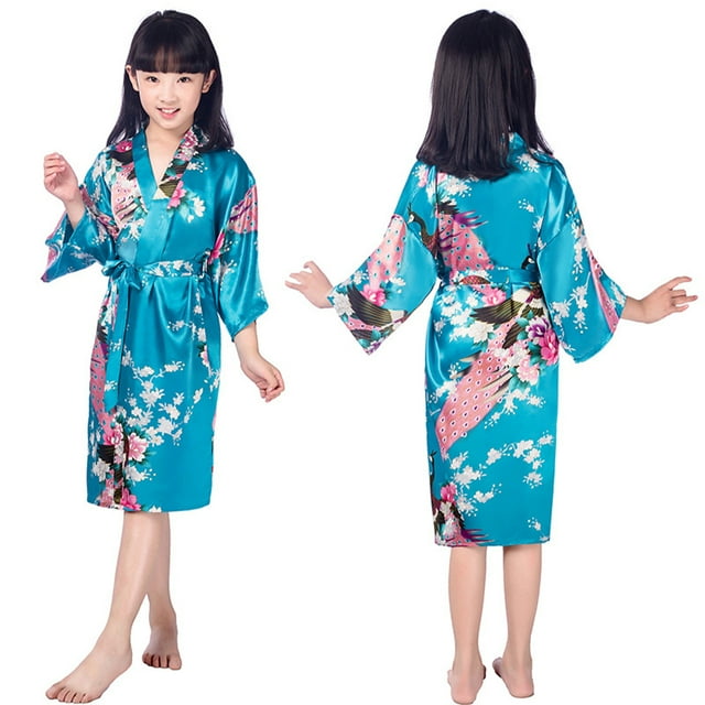 QUDDERR Robe Kimono en Satin Soyeux pour Filles Adolescentes 2-14T Robe de Nuit Florale Peignoir d'Été pour Bébés Pyjamas pour Filles