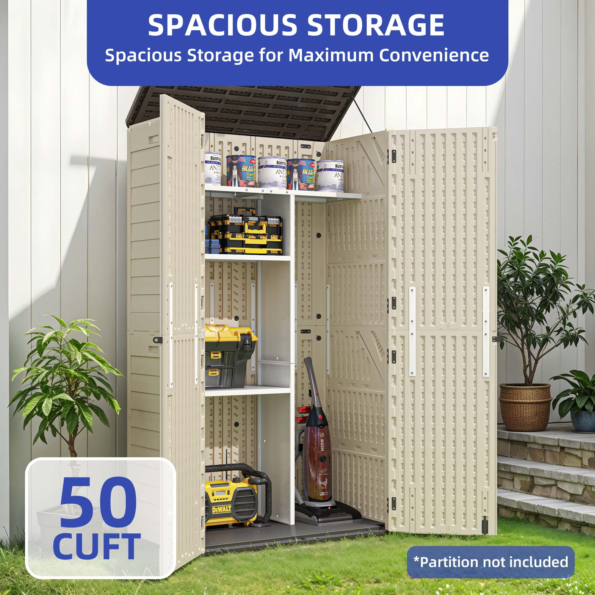 Craftian Vertical Resin Outdoor Storage, 50 cubic feet w/ Shelving for Garden Garage Poolside, Locking Capability, (Khaki & Brown)