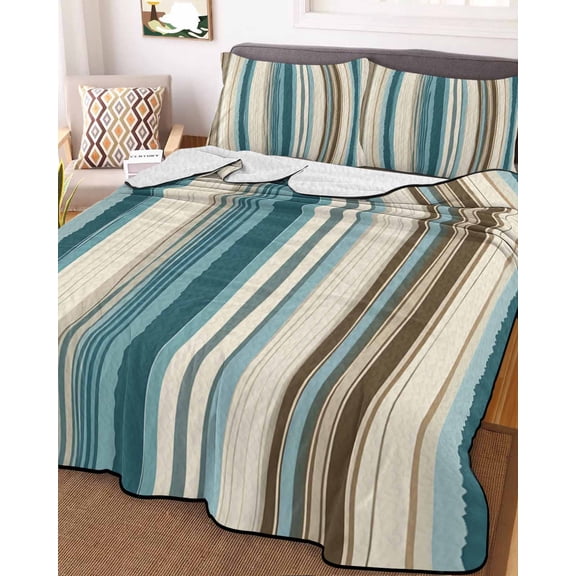 Turquoise Beige Queen Size Down Alternative Comforter, Lightweight Comforter Quilt Bedding Set with Pillow Shams Boho Vertical Stripes Bohemian Retro All Seasons Bed Comforter Duvet Insert 90"x96"