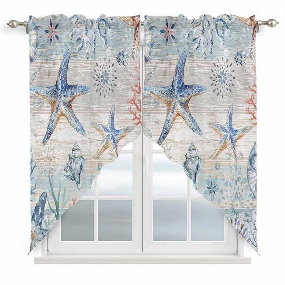 Coastal Starfish Kitchen Window Curtains, Swag Curtains Valance for Bedroom Living Room Bathroom, Blue Nautical Coral Seashell Wooden Rod Pocket Window Treatment Curtain Block Drapes 2 Panels 36"x45"