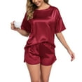 thumbnail image 3 of BEOEOSY Womens Satin Silky Pajama Set Short Sleeve High-low Hem Shirt with Short Pajama Pant Set,Wine Red, XL, 3 of 7