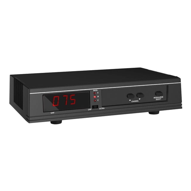 modulador ágil para 3 canales steren usm-20d3/b Vista frontal 3/4 de modulador negro Steren USM-20D3/B con pantalla LED roja que muestra '075', tres indicadores de modulación y controles deslizantes para seleccionar canal y modo; panel frontal rotulado UHF/ULTRA. Agrega 3 canales A/V a redes de antena aérea o TV por cable, entrada de video compuesto RCA, incluye instructivo en español e inglés. También se usa a menudo para insertar señal de cámaras de seguridad en distribuciones CATV.