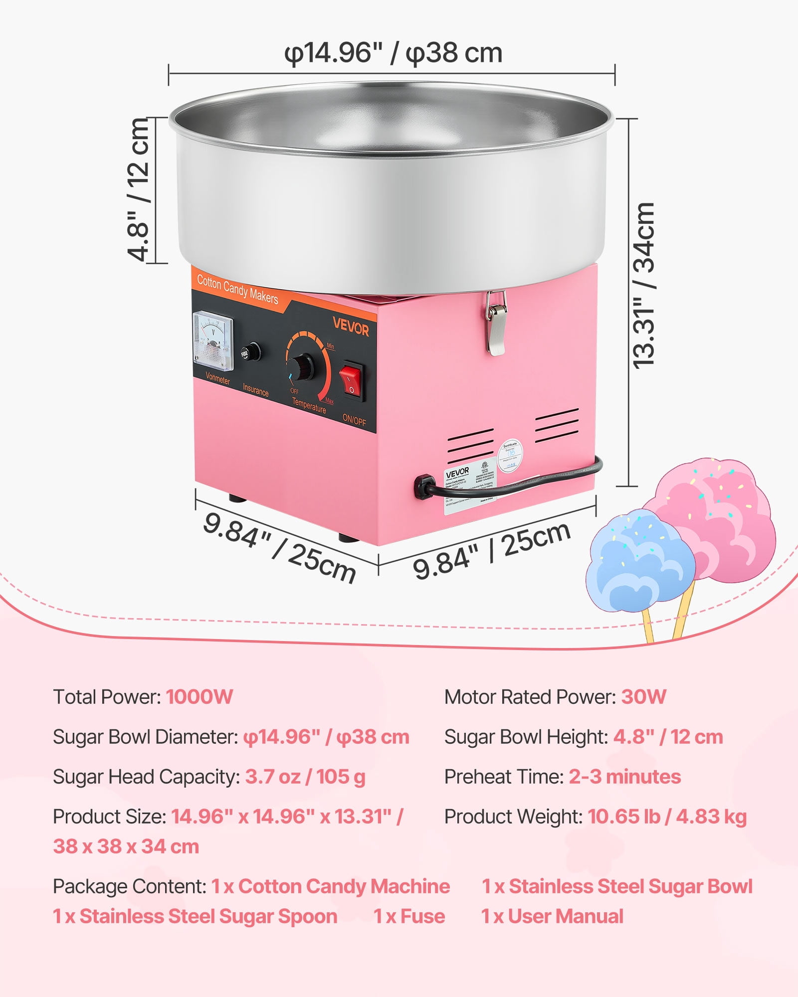 VEVOR Cotton Candy Machine Commercial, 1000W Electric Candy Floss Maker, Easy Use with 15 inch Stainless Steel Bowl and Sugar Scoop, Makes Hard Candy for Home Kids Birthday, Family Party, Pink