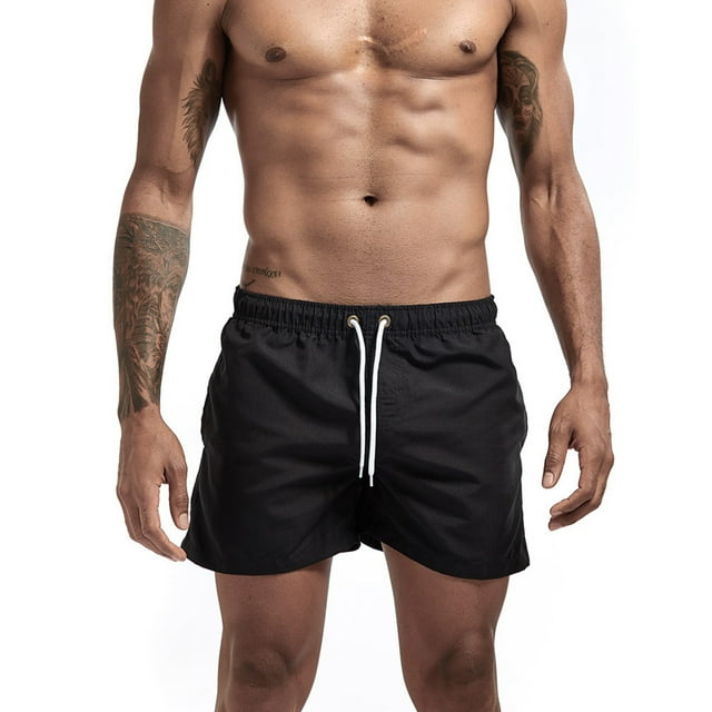 Ketyyh-chn99 Mens Workout Shorts Beach Fashion Mens Solid Stretch Swim Trunks Mesh Lining Swimwear Bathing Suits Black,M