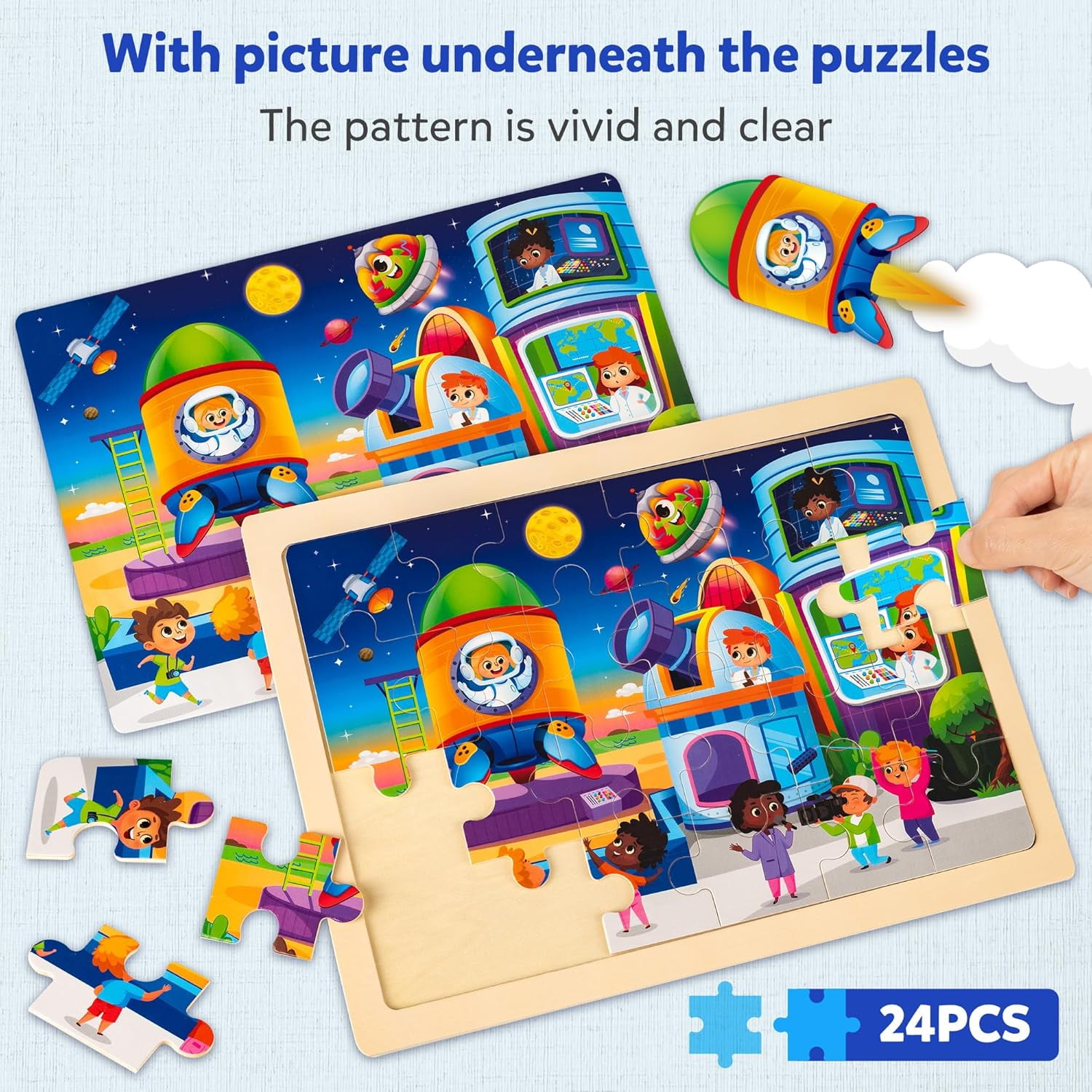 SYNARRY Large Space Planets Solar System Wooden Puzzles for Kids Ages 3-8, 4-in-1 Jigsaw Puzzle Set, 24 Pieces Each, FSC Certified Educational Gifts for Boys & Girls Ages 3 4 5 6 7 8