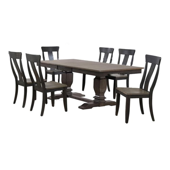 7-Pc Pedestal Wood Dining Set in Gray/Black Stone
