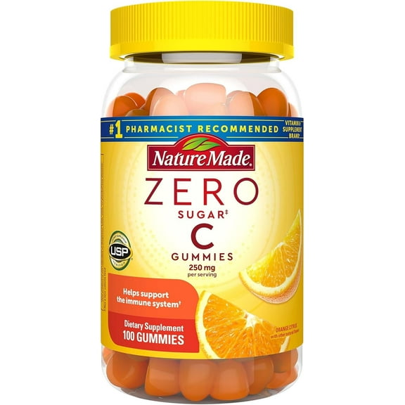 Nature Made Zero Sugar Vitamin C Gummies 250 mg per Serving, Immune & Antioxidant Support, 100 Sugar Free Gummies, 50 Day Supply