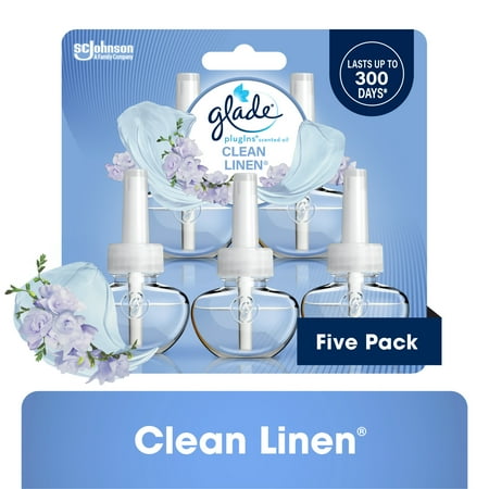 Glade PlugIns Scented Oil 5 Refills, Air Freshener, Clean Linen, Essential Oil Infused Wall Plug In, 3.35 FL oz, Pack of 5