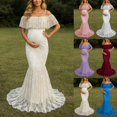 thumbnail image 2 of Gyujnb Off Shoulder Ruffle Flutter Sleeve Lace Maternity Gown Thin Spaghetti Strap Liner Fitted Long Train Formal Dress Elegant Outfit for Maternity Photoshoot Postpartum Party Wear,XL, 2 of 9