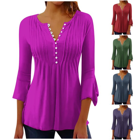 Fashion $15 & under Olyvenn Women's Casual Long Sleeve Henley V-Neck Shirt Printed Pleated Tunics Or Tops to Wear with Leggings Hot Pink 8