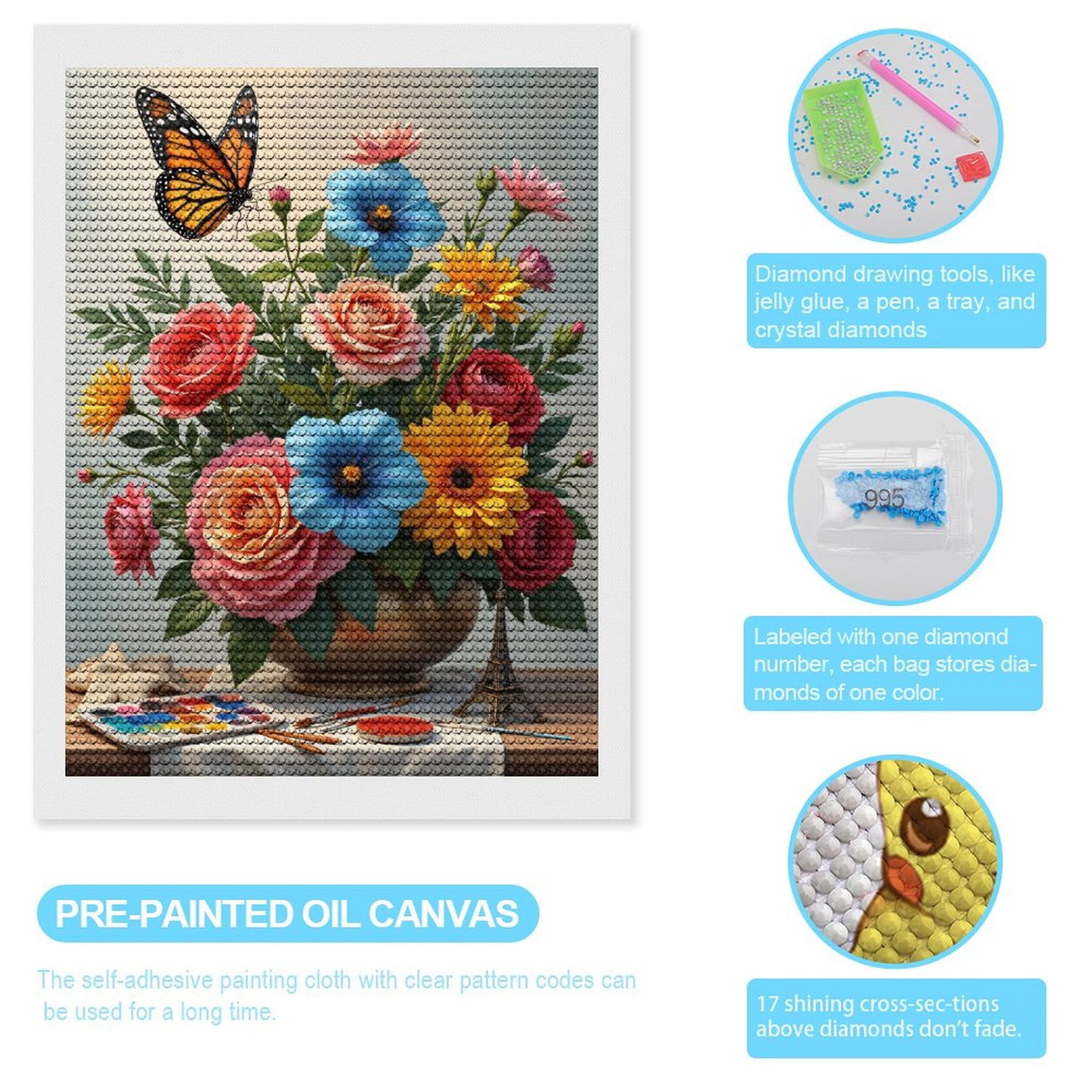 Diamond Art Kits for Adults, Colorful Floral Art Painting Butterfly 5D Diamond Painting Kits for Adults Beginners, DIY Full Drill Diamond Painting, Gem Art and Crafts 12x16
