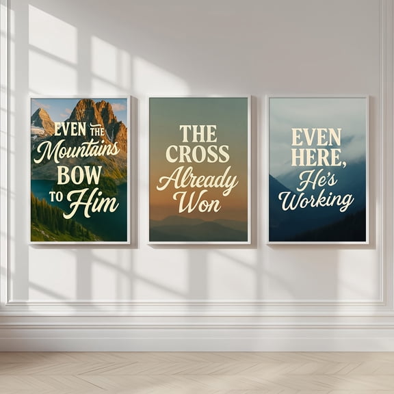 3pcs Set Christian Bible Verse Wall Art Posters - Unframed Horizontal Scripture Prints with Mountain Cross, Psalm 23 & Matthew 11:28-30, Beige/Green/Blue-Grey Tones, Minimalist Jesus Decor for Home,