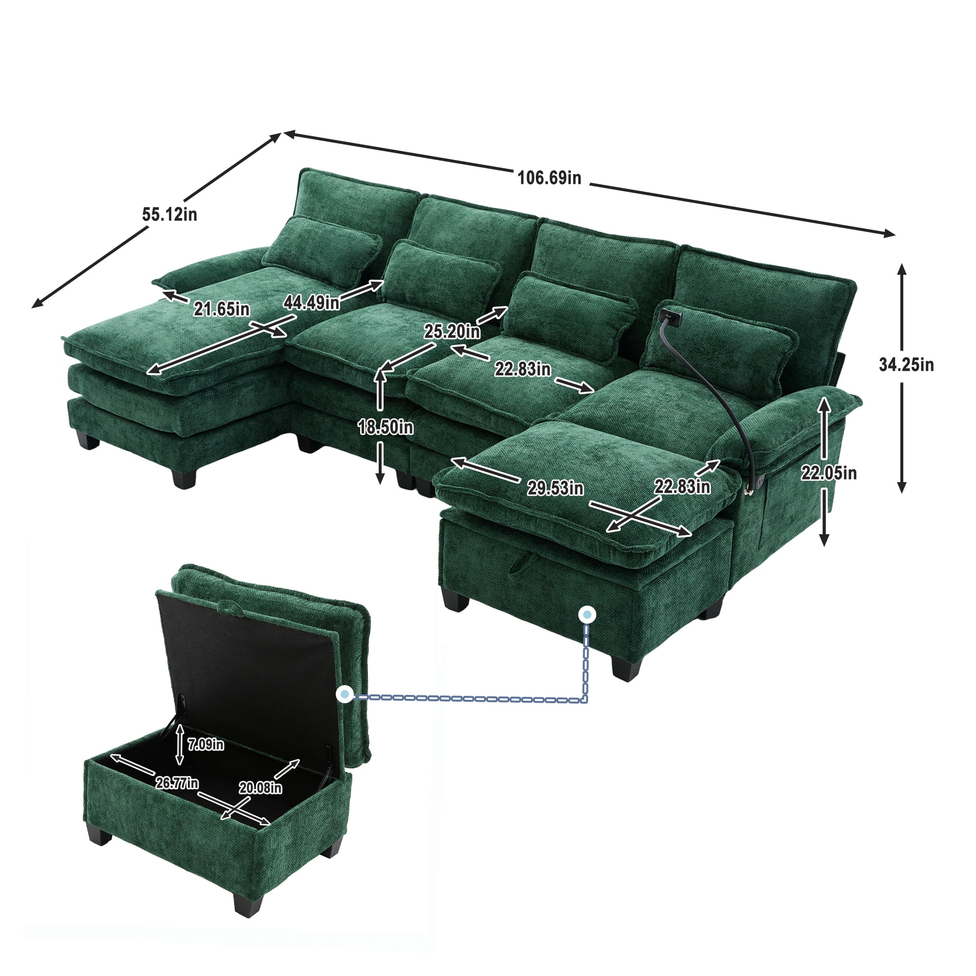 MOONMISS Chenille Upholstered Oversized U-shaped Comfy Modular Sectional Sofa with Storage Ottoman-Emerald